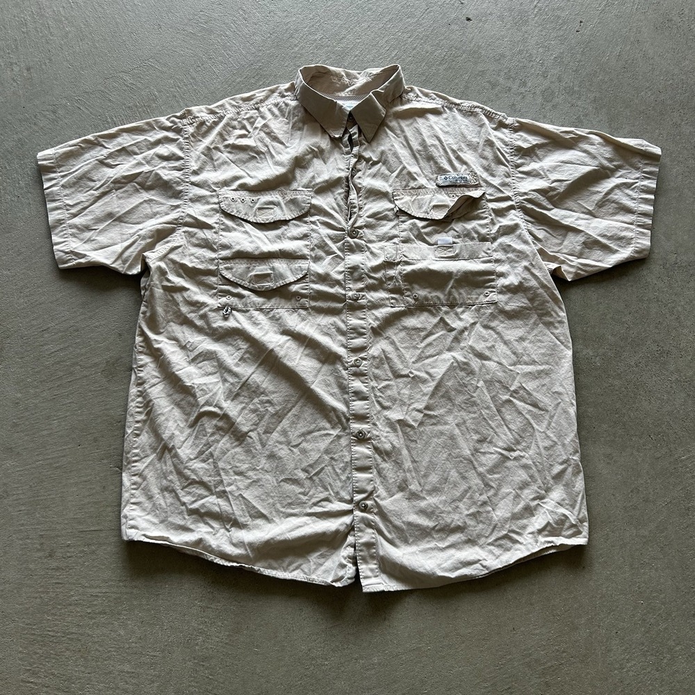 Columbia PFG Button Up Shirt Mens XL Tan Nylon Fishing Short Sleeve Outdoors